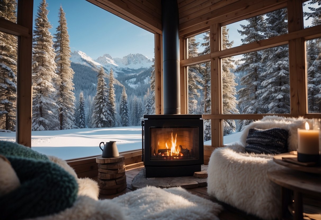 A cozy cabin nestled in the snow-covered mountains, with a warm fireplace and a steaming cup of tea. Outside, a serene forest and clear blue skies invite relaxation and rejuvenation