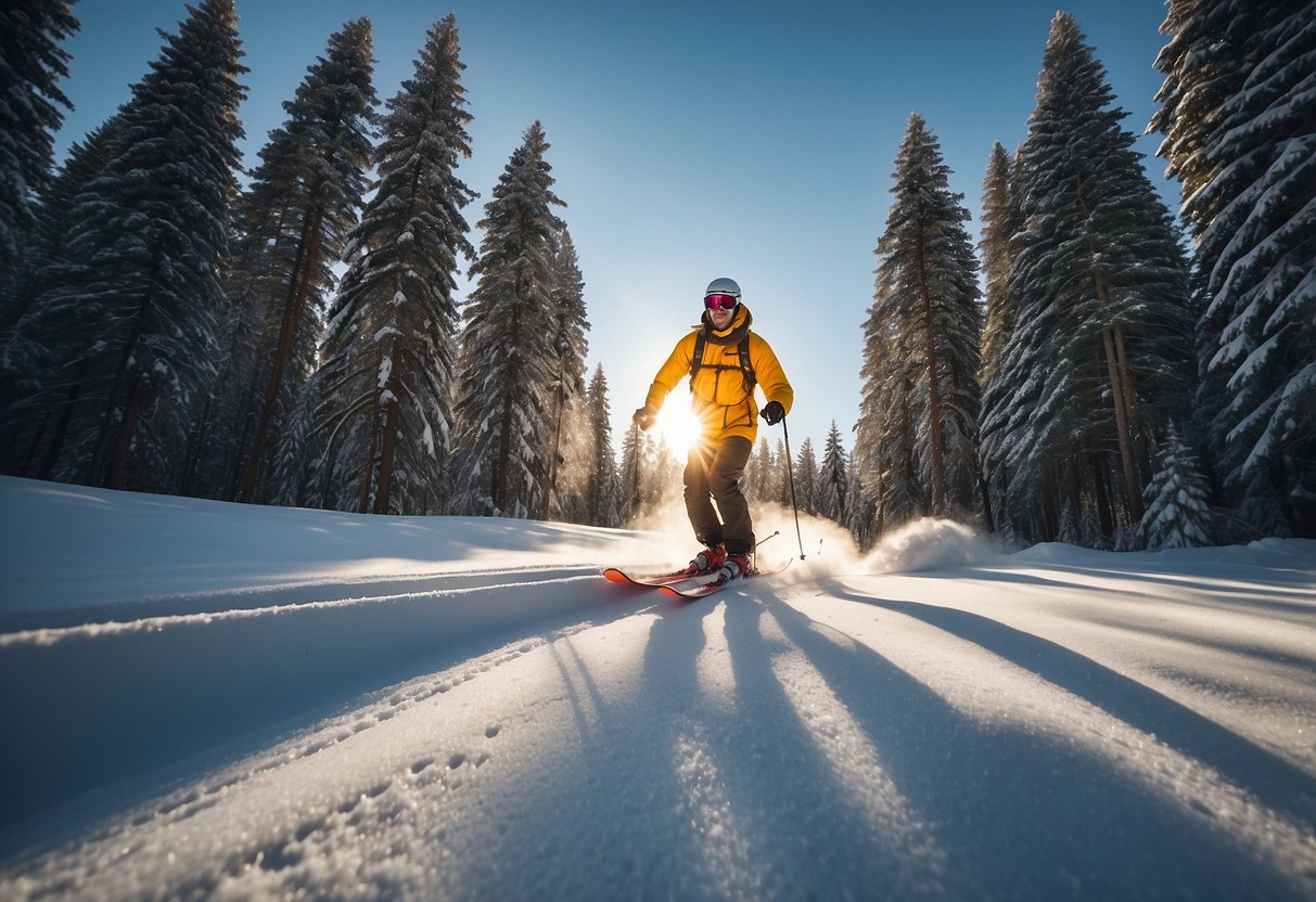 A skier glides through a snowy landscape, surrounded by tall pine trees and a clear blue sky. The sun glistens off the pristine snow, creating a serene and peaceful atmosphere