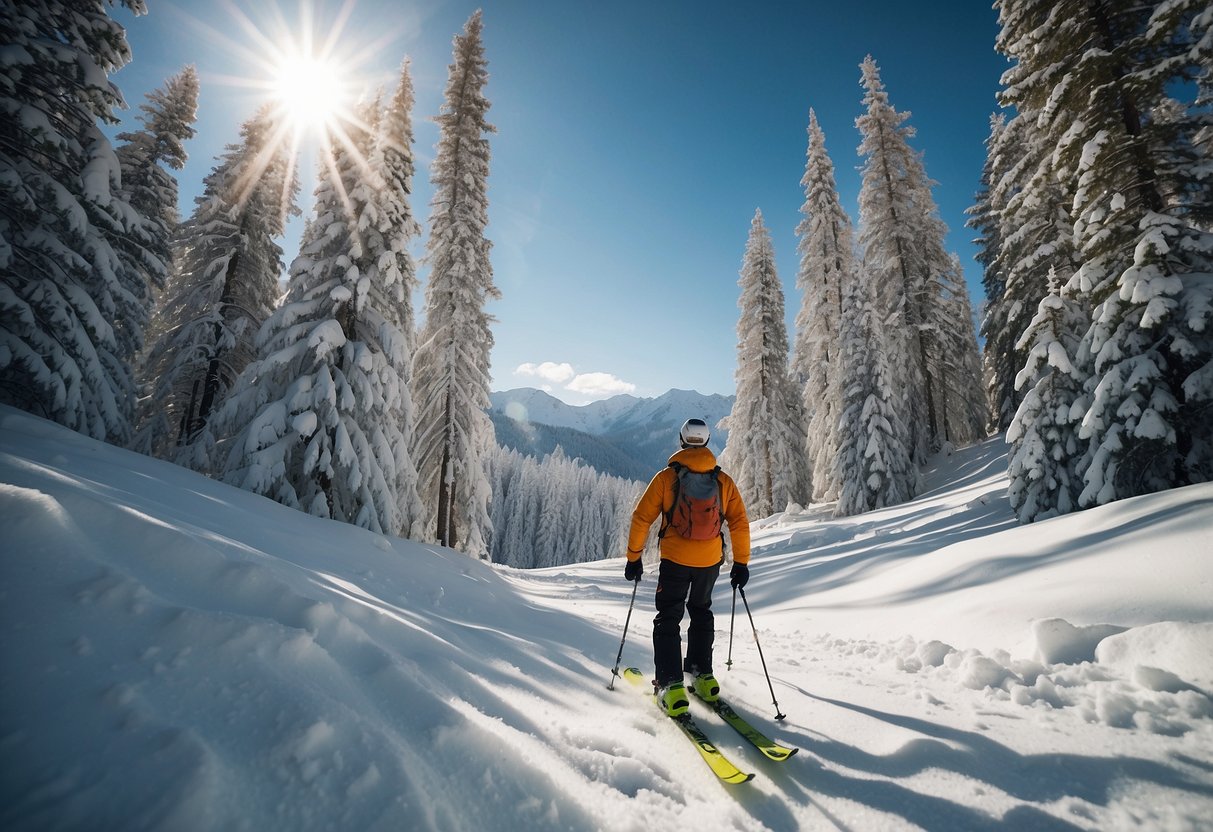 A skier glides through a snowy landscape, surrounded by tall trees and a clear blue sky. The sun glistens off the snow, creating a serene and peaceful atmosphere