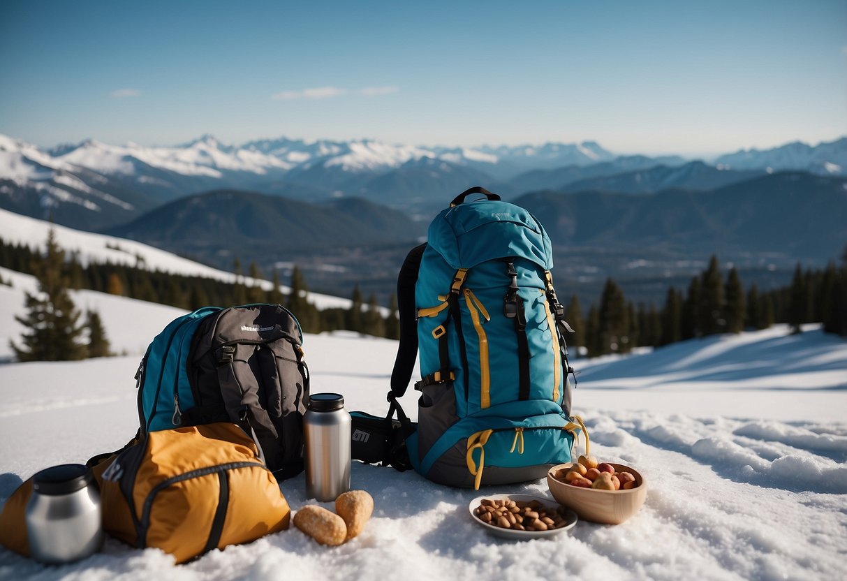 A backpack filled with healthy snacks sits next to a pair of cross country skis, surrounded by snowy mountains and a winding trail