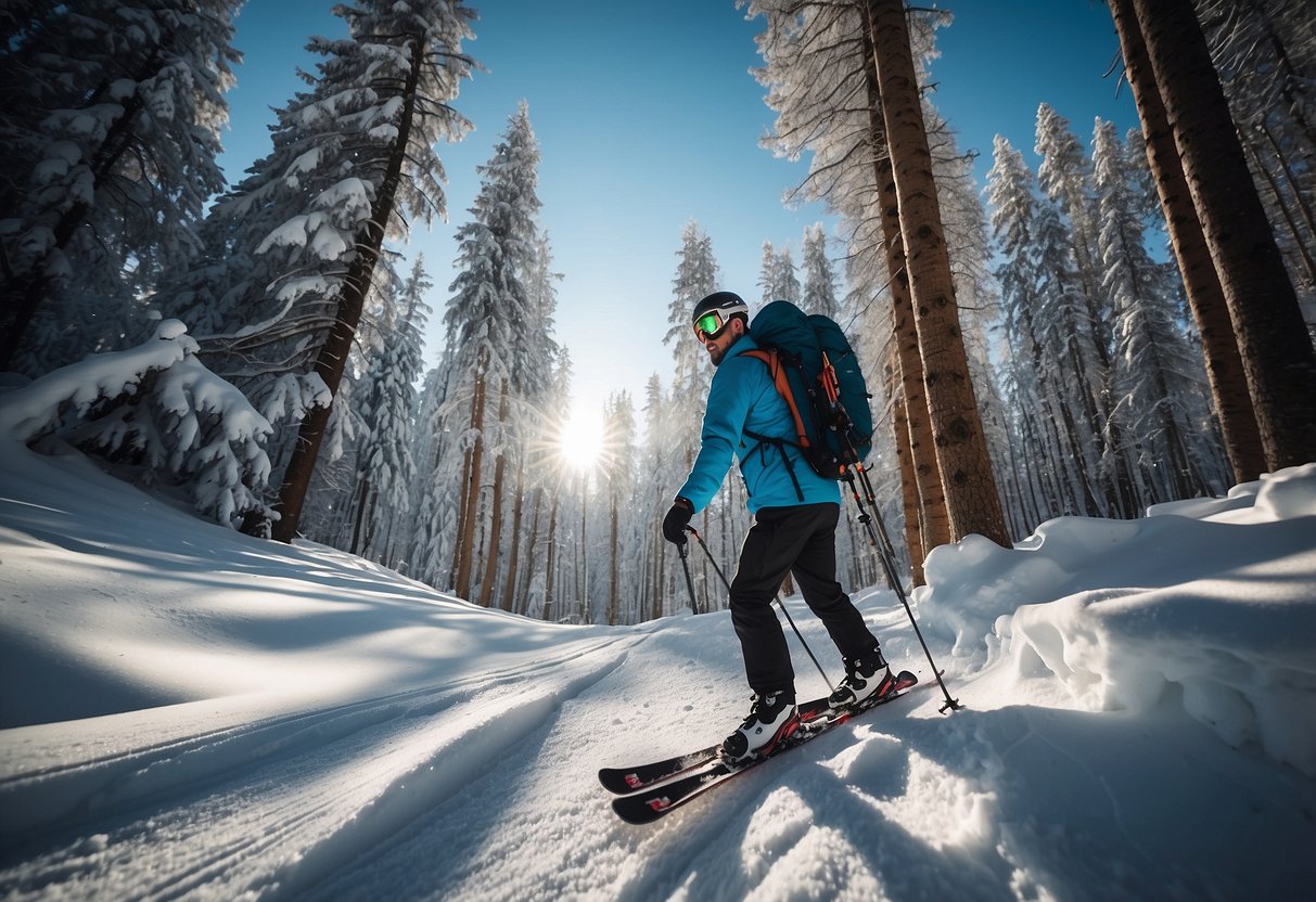 A skier glides through a snowy forest, surrounded by tall trees and a clear blue sky. The skier is dressed in multiple layers, with a backpack and ski poles, showing determination and motivation