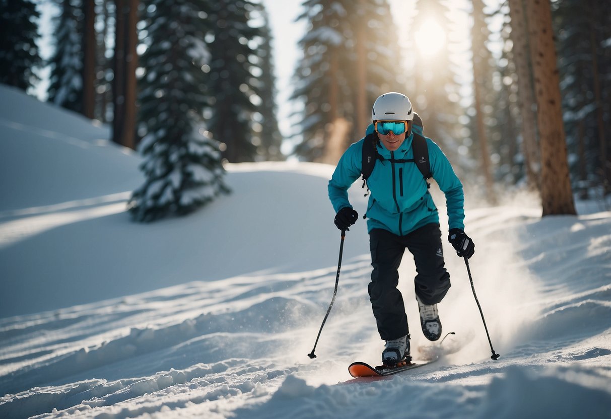 A skier glides through a snowy landscape, surrounded by coniferous trees. A water bottle sits within easy reach, reminding the viewer to stay hydrated