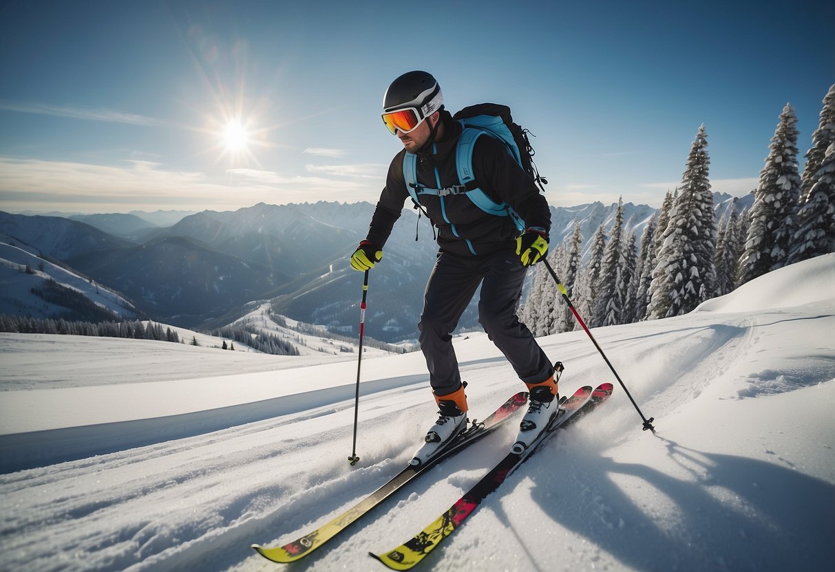 A skier wearing proper gear, skiing across a snowy landscape, staying motivated on a long cross country trip