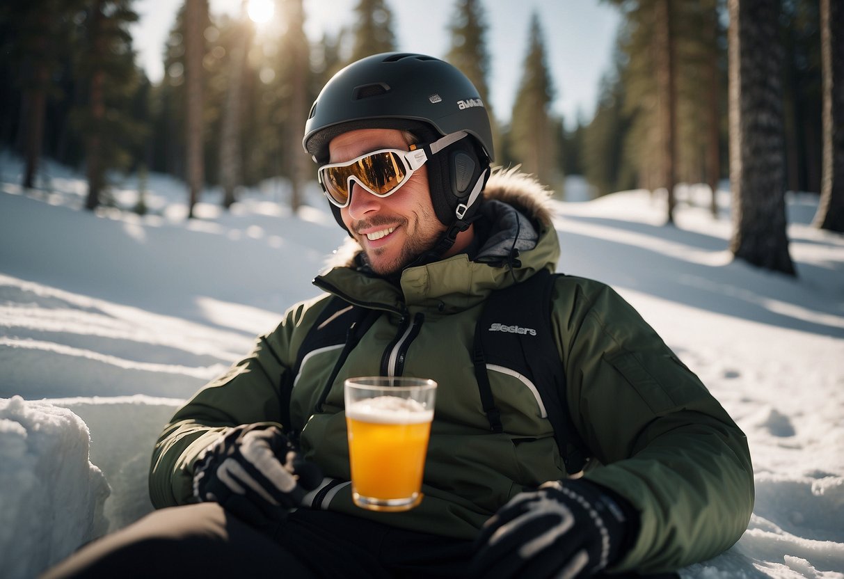 A skier taking a break on a snowy trail, surrounded by tall pine trees. The sun is shining, and the skier is enjoying a snack and a drink while resting