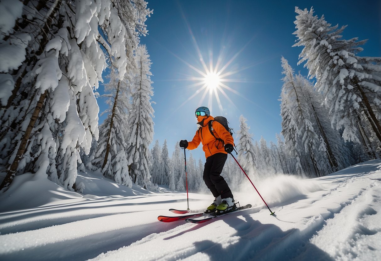 A skier glides through a snowy landscape, surrounded by tall trees and a clear blue sky. The sun shines down, casting long shadows across the pristine white snow