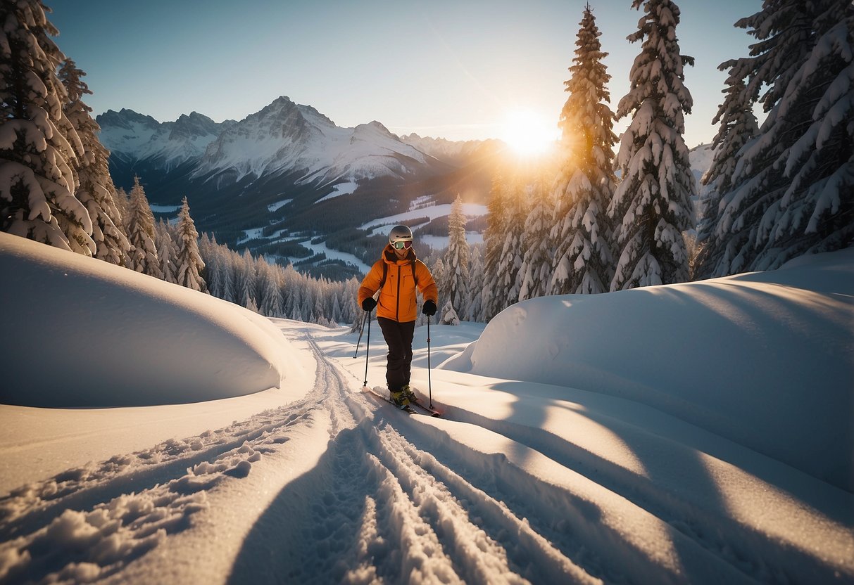 A lone skier glides across a vast snowy landscape, surrounded by towering mountains and dense forests. The sun sets in the distance, casting a warm glow over the serene scene