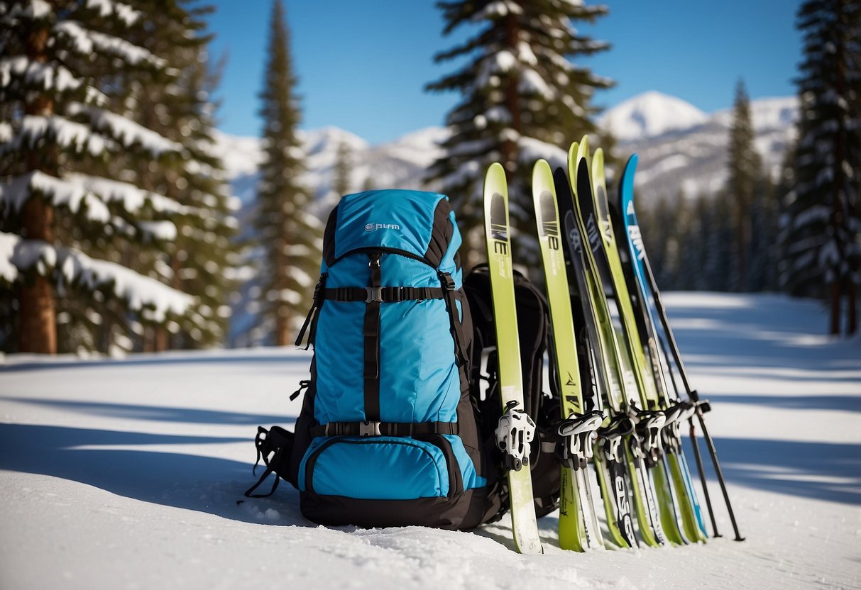 Skis lined up, backpack packed, map unfolded, and a cozy cabin in the distance. Snow-covered trees and a clear blue sky set the scene for a long cross-country skiing adventure