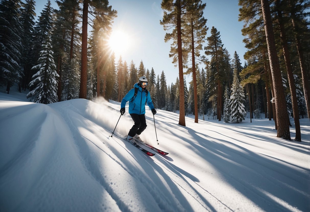 A skier glides effortlessly across a snowy landscape, surrounded by tall pine trees and a clear blue sky. The sun shines brightly, casting long shadows on the pristine white snow