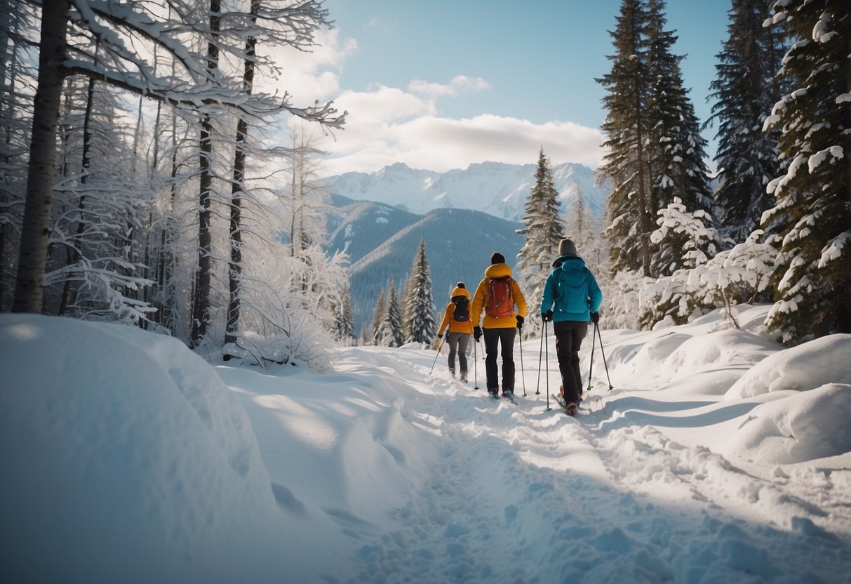 A snowy trail with skiers wearing comfortable pants, surrounded by serene winter scenery