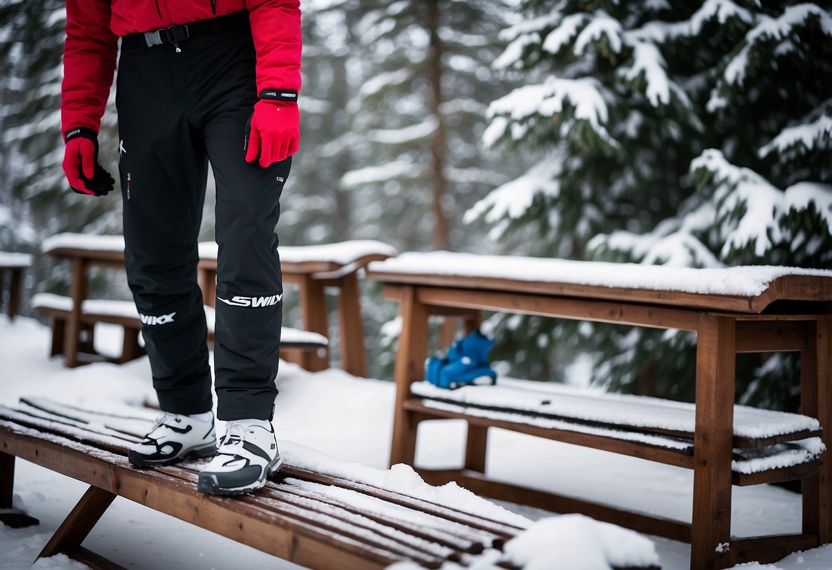 A pair of Swix Men’s Star XC Pants laid out on a rustic wooden bench, surrounded by snow-covered trees and cross country ski tracks