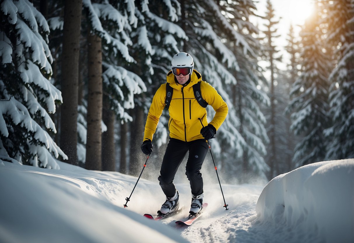 A skier glides effortlessly through a snowy forest, wearing Craft Glide Full Zip Pants. The pants provide comfort and flexibility, allowing the skier to move freely and enjoy the cross-country skiing experience