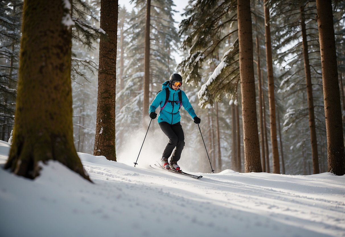 A skier glides through a snowy forest, wearing Salomon RS Warm Softshell Pants. The pants provide comfort and flexibility as the skier navigates the cross country trails