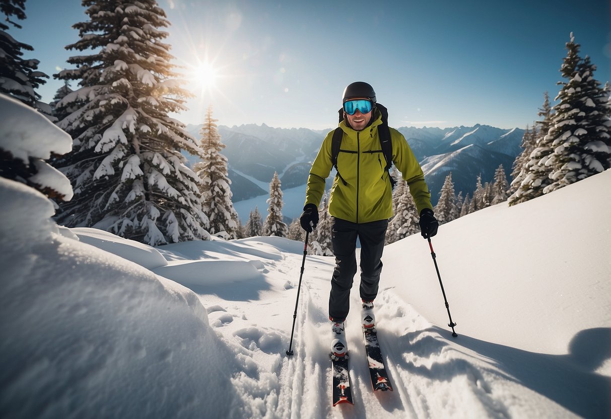 A snowy mountain trail with a skier gliding effortlessly in Bjorn Daehlie Ridge Pants, surrounded by serene winter landscape