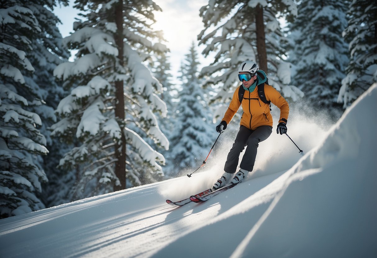 A skier glides effortlessly through a snowy forest, wearing Arc'teryx Argus Pants. The pants provide comfort and flexibility as the skier navigates the cross country terrain