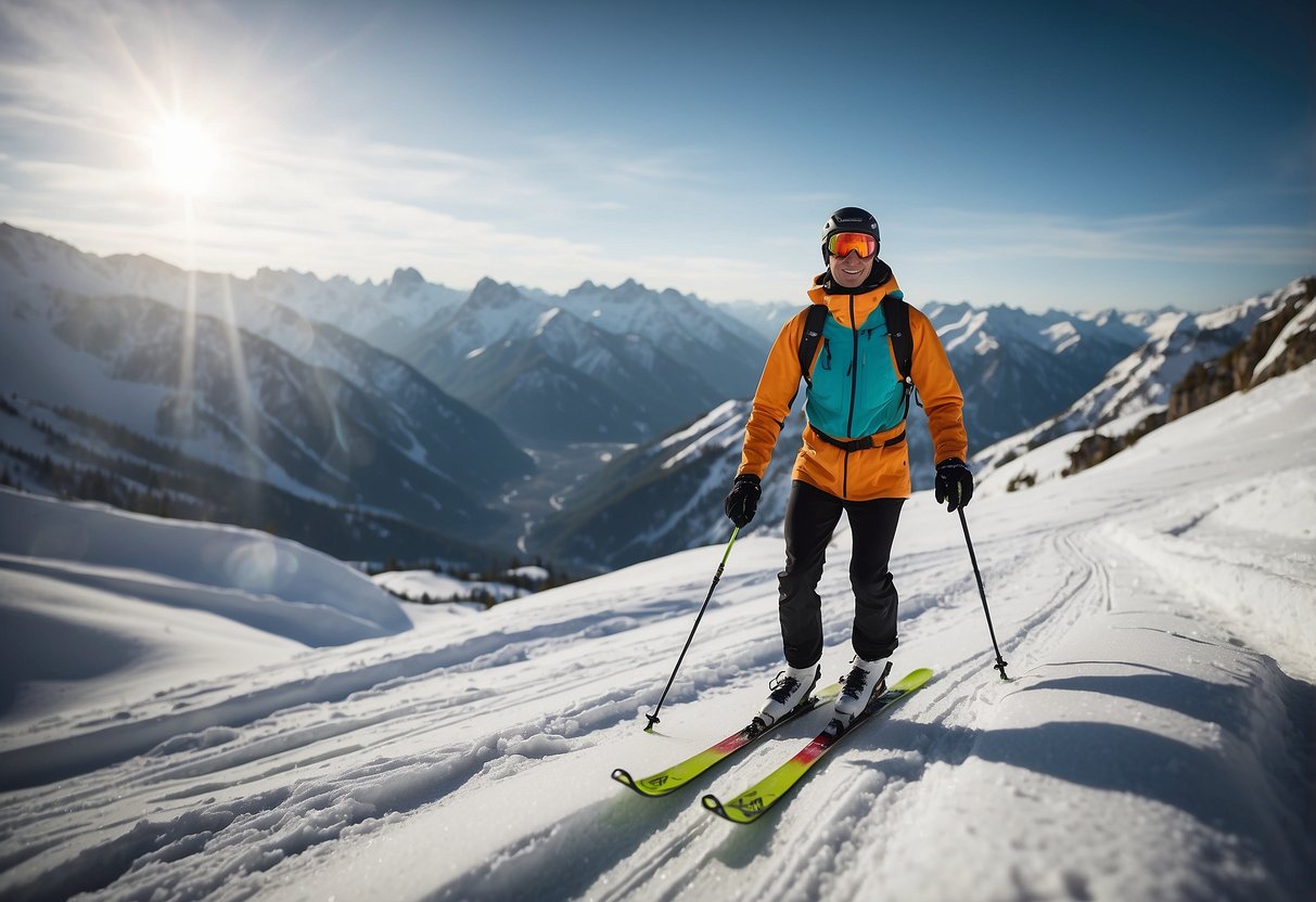 A snowy mountain landscape with a skier wearing comfortable, durable cross country skiing pants. The pants feature advanced fabric technology for warmth and flexibility