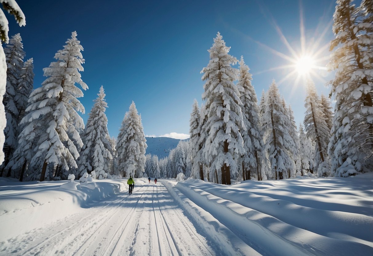 Skiers glide through snowy trails, using apps on their phones to track distance and speed. Snow-covered trees line the path under a clear blue sky