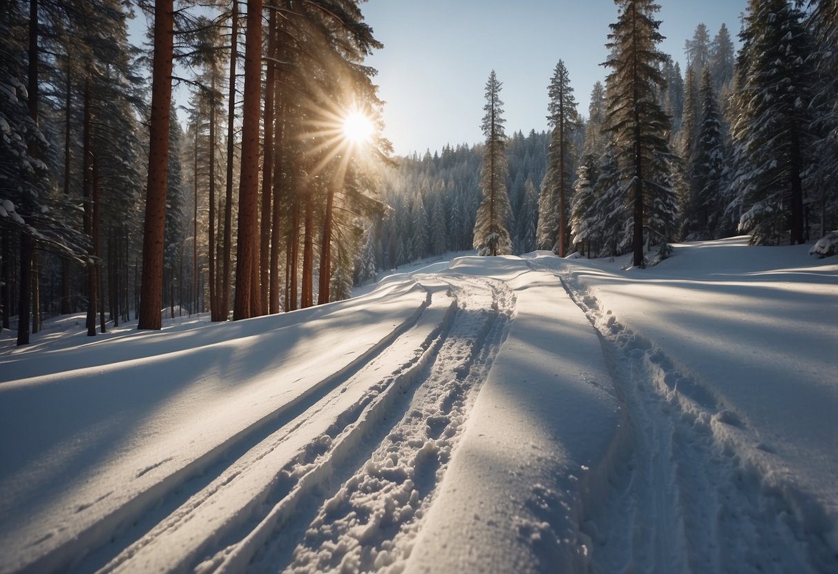 A snowy forest trail winds through pine trees, with skiers gliding along the tracks. The sun casts long shadows on the pristine snow, creating a serene and peaceful atmosphere