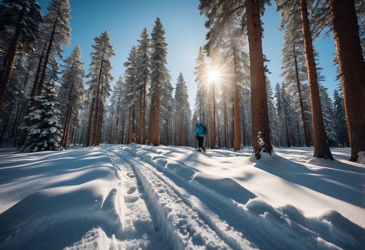 A snowy forest trail with skiers using mobile apps, surrounded by tall pine trees and a clear blue sky