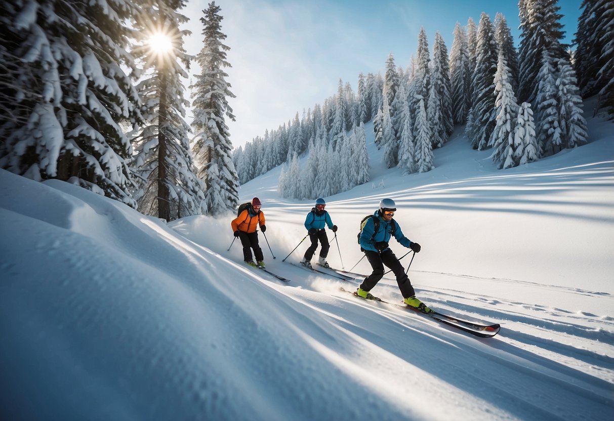 A snowy landscape with skiers gliding across rolling hills, surrounded by tall trees and a clear blue sky