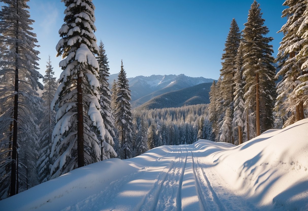 A snowy forest with a winding cross-country ski trail, marked by tall pine trees and fresh powder. A clear blue sky and distant mountains complete the tranquil scene