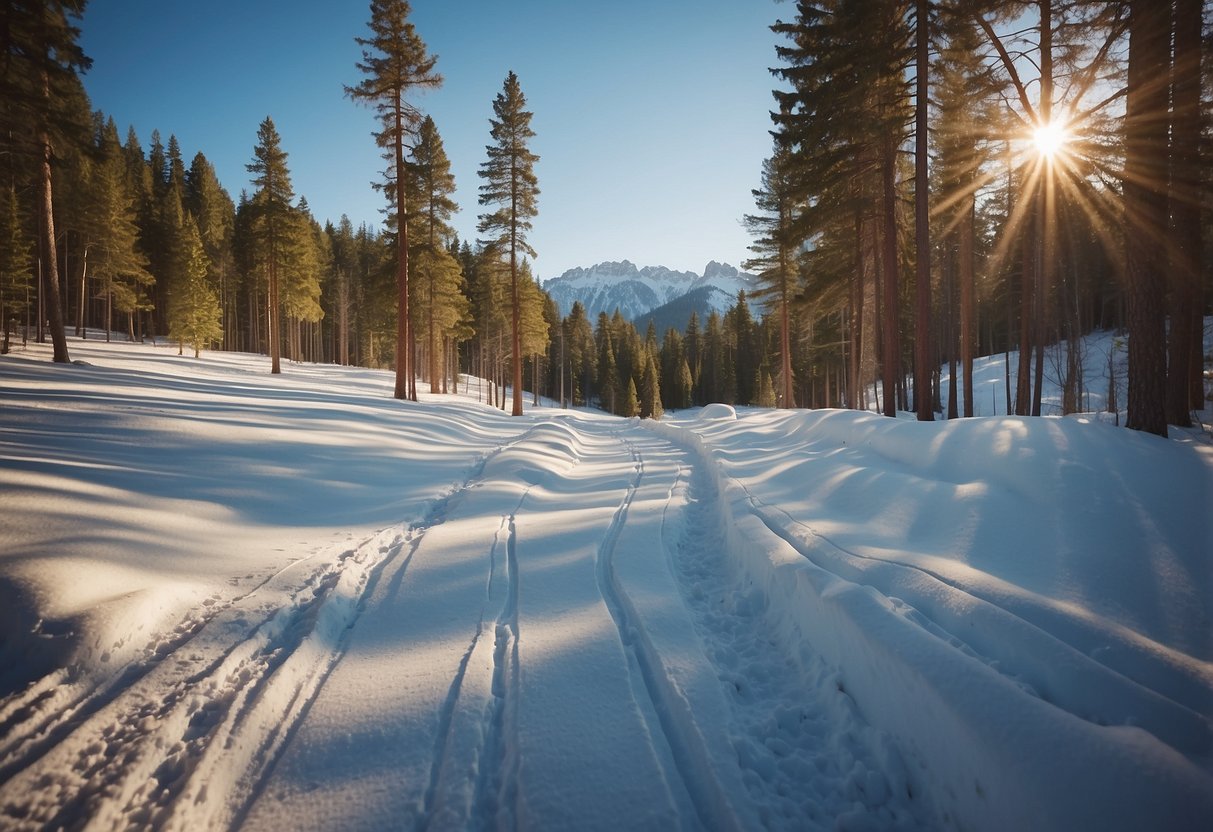 A snowy landscape with a winding cross-country ski trail, marked with colorful trail markers. Tall pine trees line the path, with a clear blue sky overhead