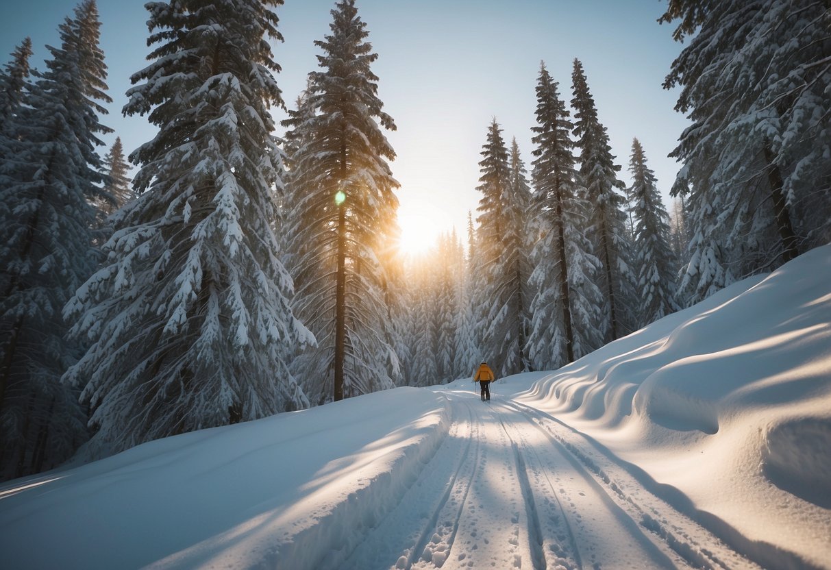 A serene snowy landscape with skiers gliding through a forest, with the sun casting a warm glow over the scene. Snow-covered trees line the trails, and the skiers move effortlessly through the peaceful setting