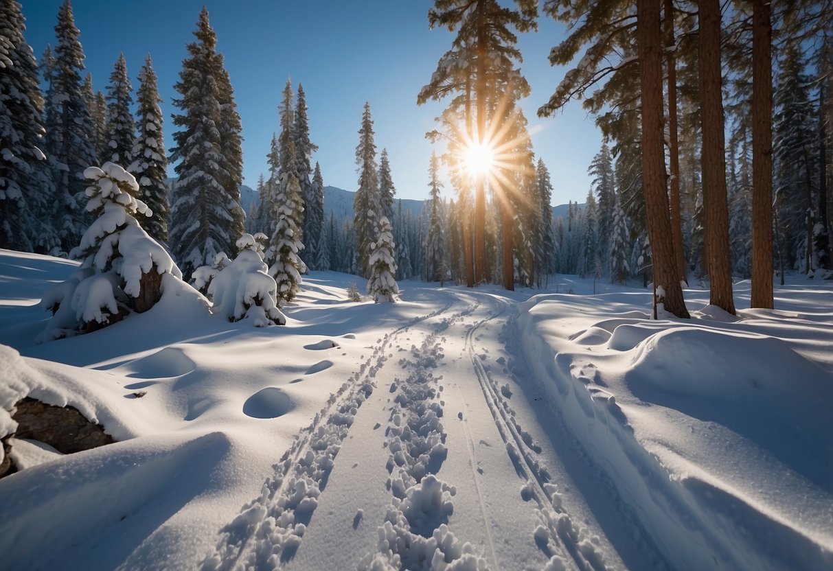 A snowy landscape with a winding cross country ski trail, surrounded by tall pine trees. A clear blue sky with the sun shining down. Snow-covered mountains in the distance