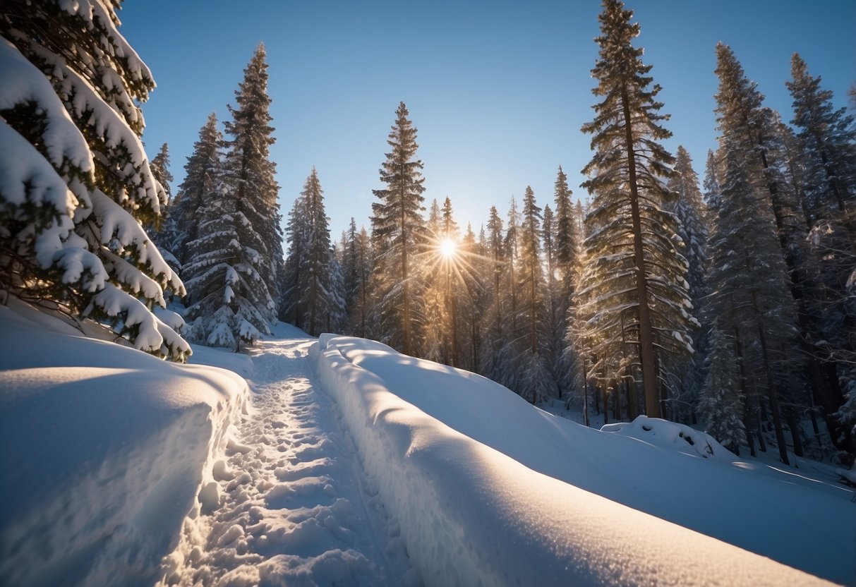 A serene snowy landscape with winding trails through a pine forest, with a clear blue sky and the sun shining down on the glistening snow