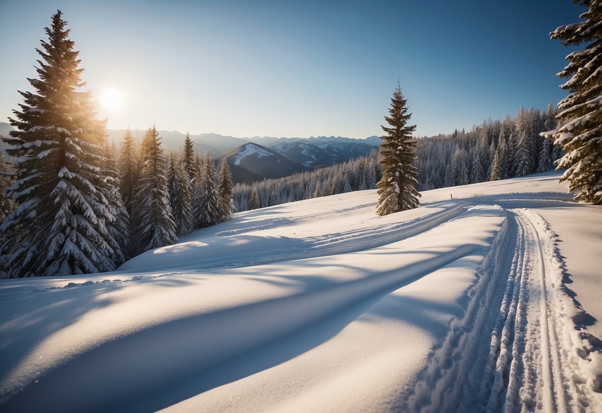 A serene snow-covered landscape with rolling hills and tall pine trees, with clear tracks for cross country skiing