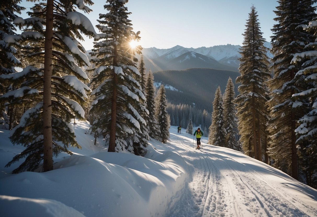 A serene forest trail winds through snow-covered trees, contrasting with a bustling popular ski resort in the distance. Skiers traverse the peaceful trail, while others flock to the busy slopes