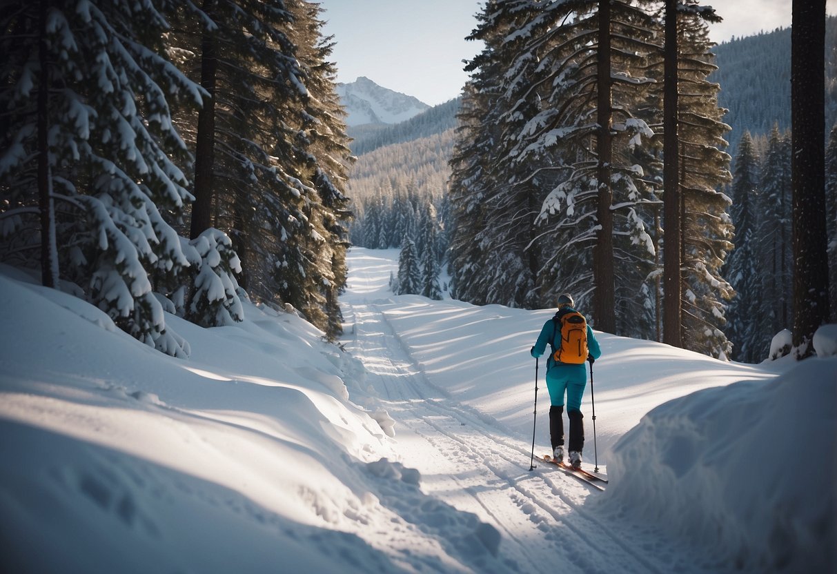 A snowy landscape with a clear trail winding through the forest. A signpost indicates the availability of safety and rescue services. Skiers are seen enjoying the peaceful and picturesque cross country skiing spot