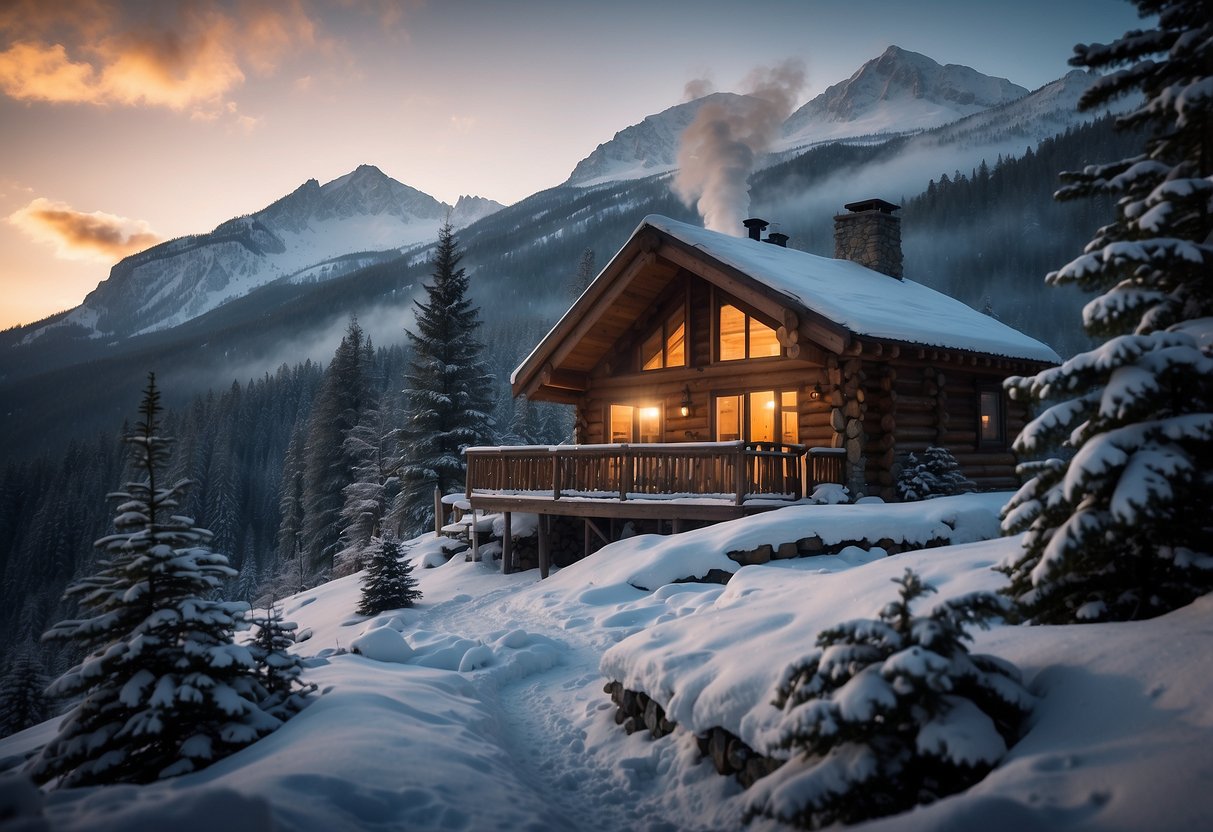 A snowy forest with winding trails, surrounded by tall pine trees and mountain peaks in the distance. A cozy cabin sits at the edge of the trail, with smoke rising from the chimney