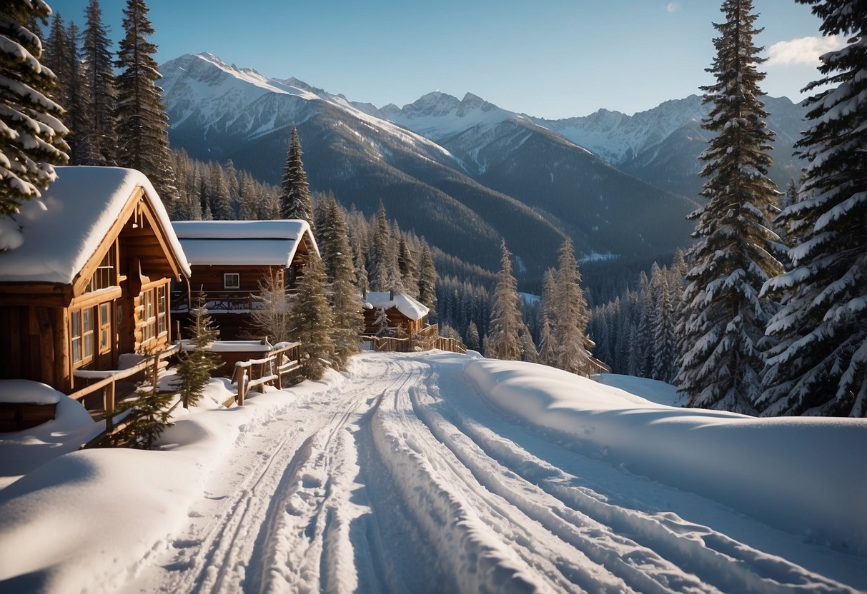 A snowy landscape with winding trails through a forest, with a cozy lodge in the distance. Ski tracks crisscross the terrain, and a signpost points to various trails. Snow-capped mountains loom in the background