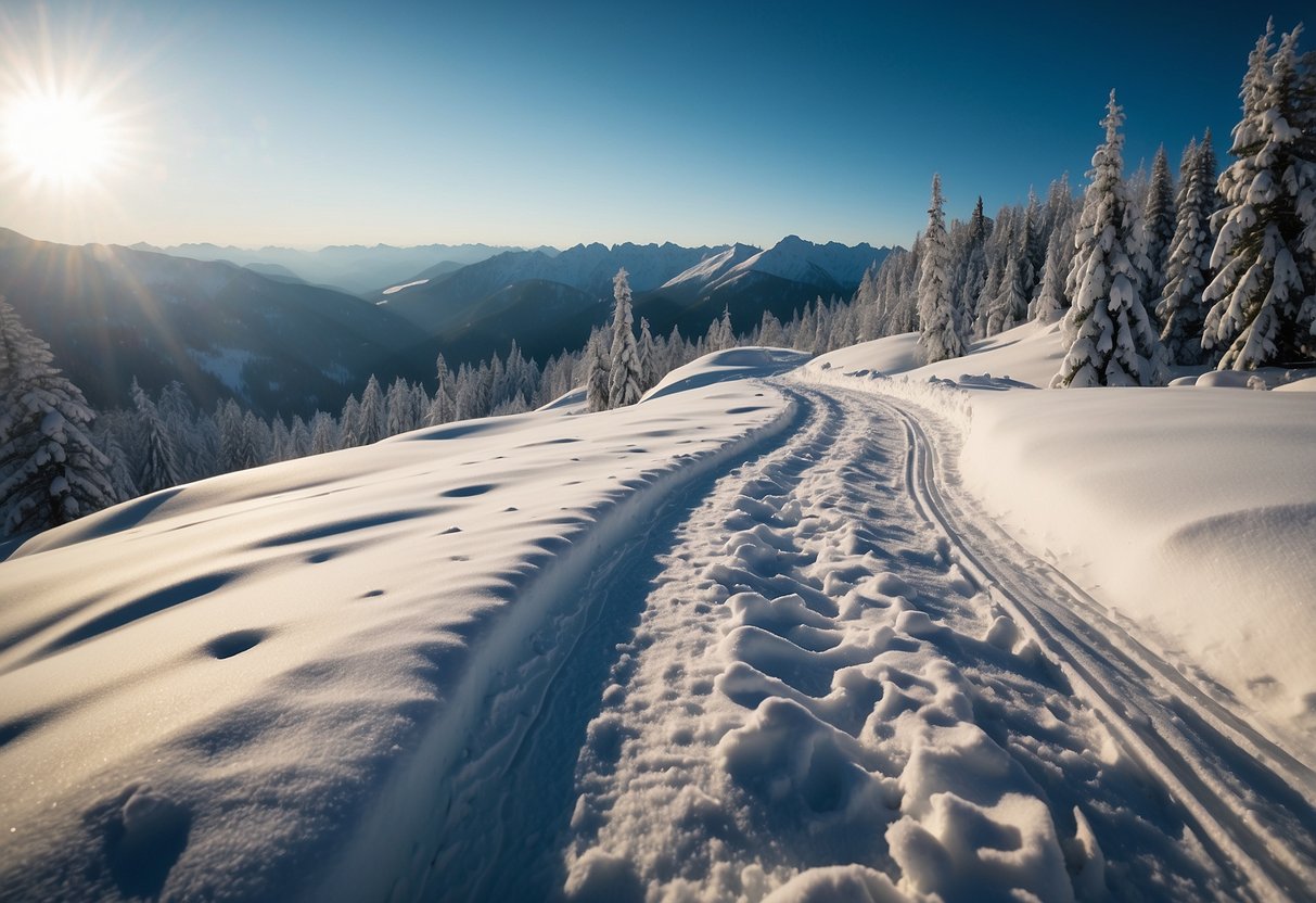 A snowy landscape with a winding trail through a dense forest, leading to a clearing with a pristine, untouched expanse of snow, surrounded by towering mountains in the distance