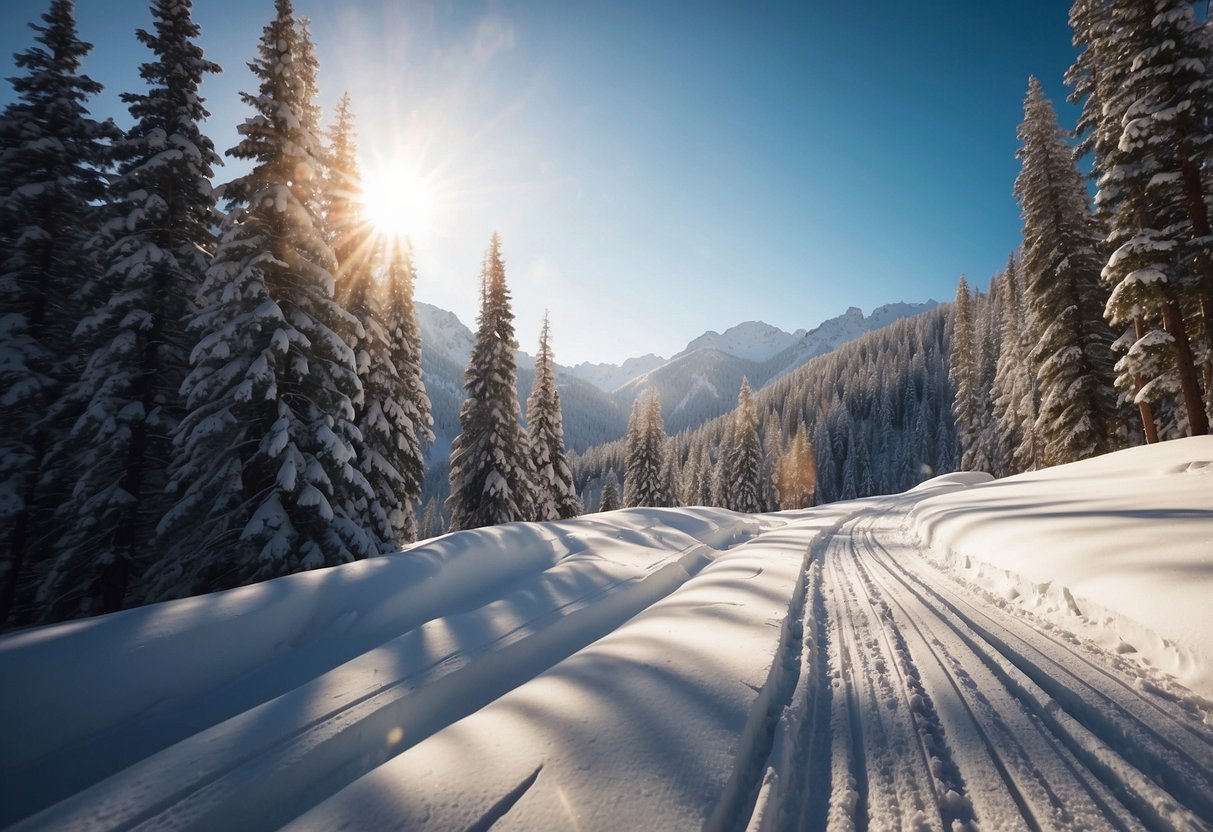 A snowy, tree-lined trail winds through a serene mountain landscape. The sun glistens off the fresh powder, while skiers glide effortlessly across the pristine snow