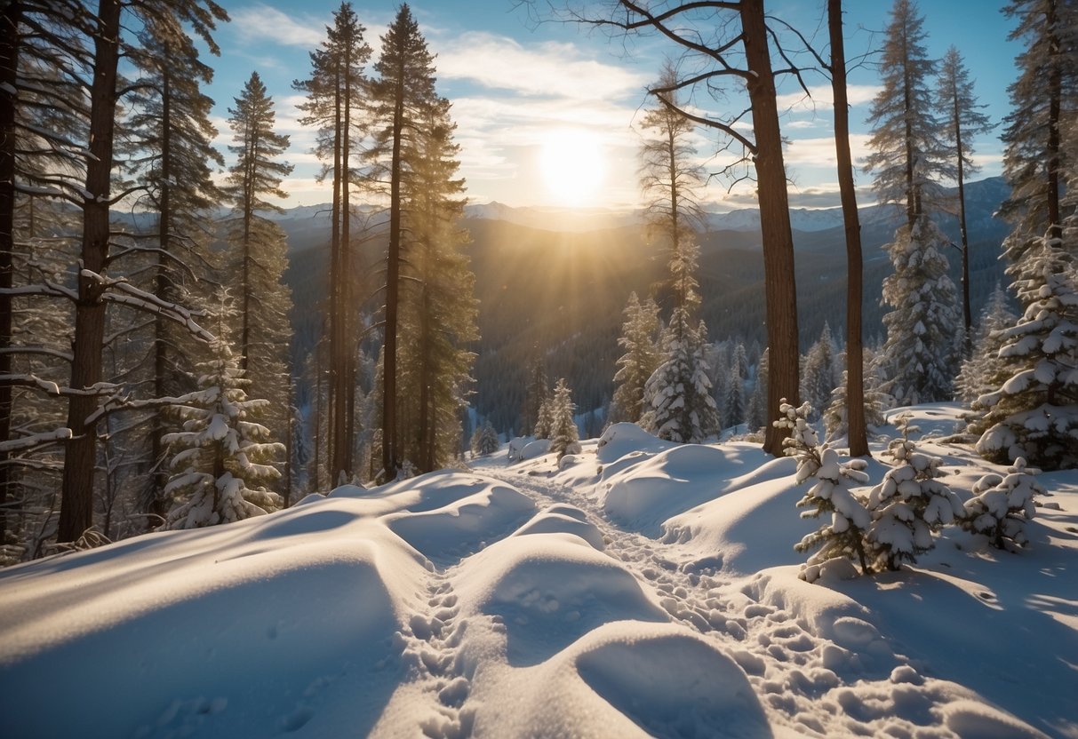 A serene snowy landscape with winding trails through a dense forest, open meadows, and rolling hills. A clear blue sky and the sun casting a warm glow on the pristine snow