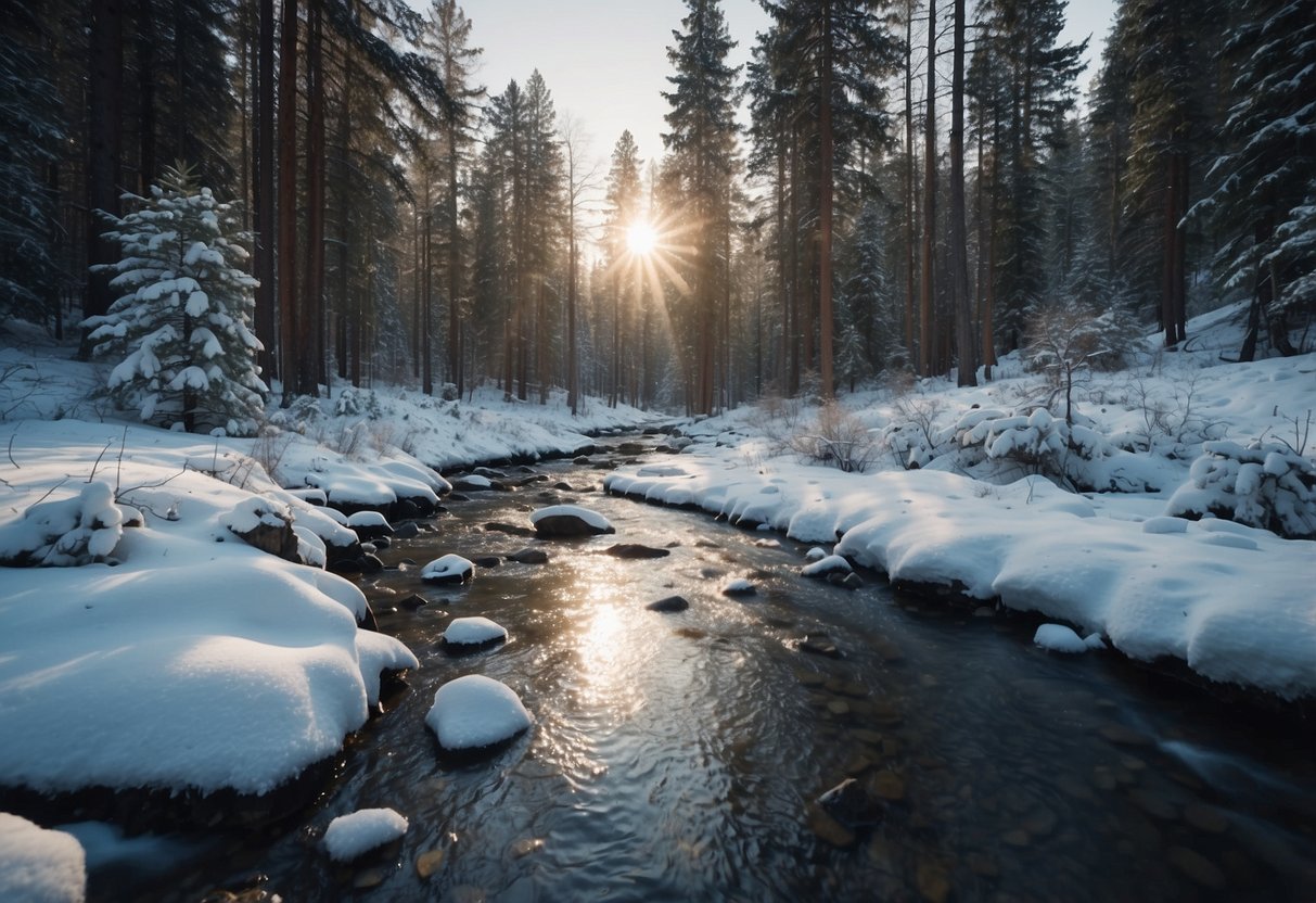 A snowy forest with winding trails, surrounded by tall pine trees and a clear blue sky. A small stream runs through the landscape, and there are signs of wildlife tracks in the snow