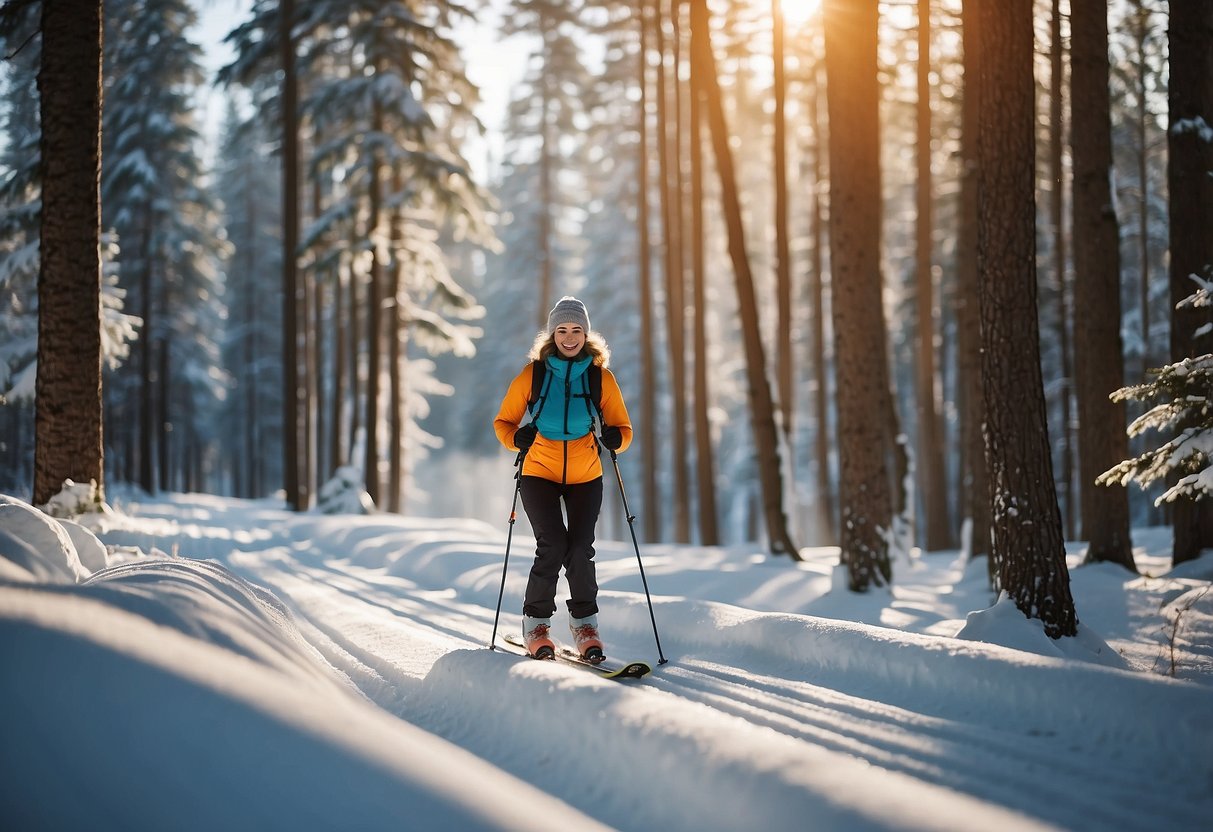 A snowy forest trail with a woman skiing, wearing a lightweight hat. The sun is shining, and there are trees in the background