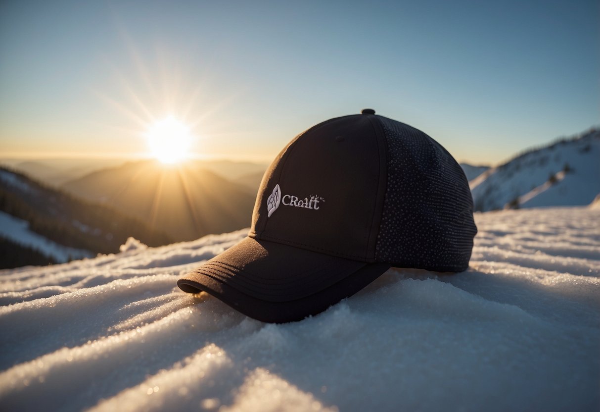 A woman's lightweight cross country skiing hat, the Craft Active Extreme 2.0, sits atop a snowy mountain peak, with the sun setting in the background