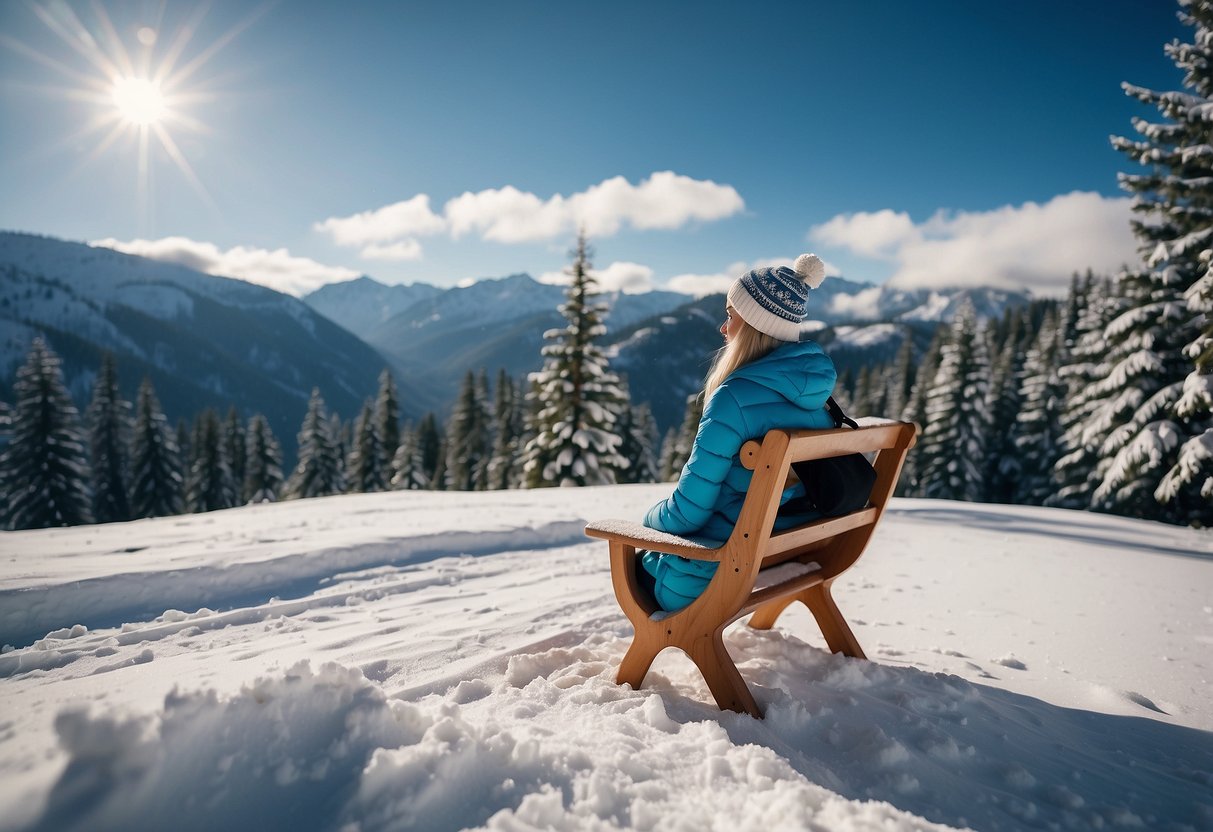 A snowy mountain landscape with a woman's ski hat resting on a wooden bench, surrounded by pine trees and a clear blue sky