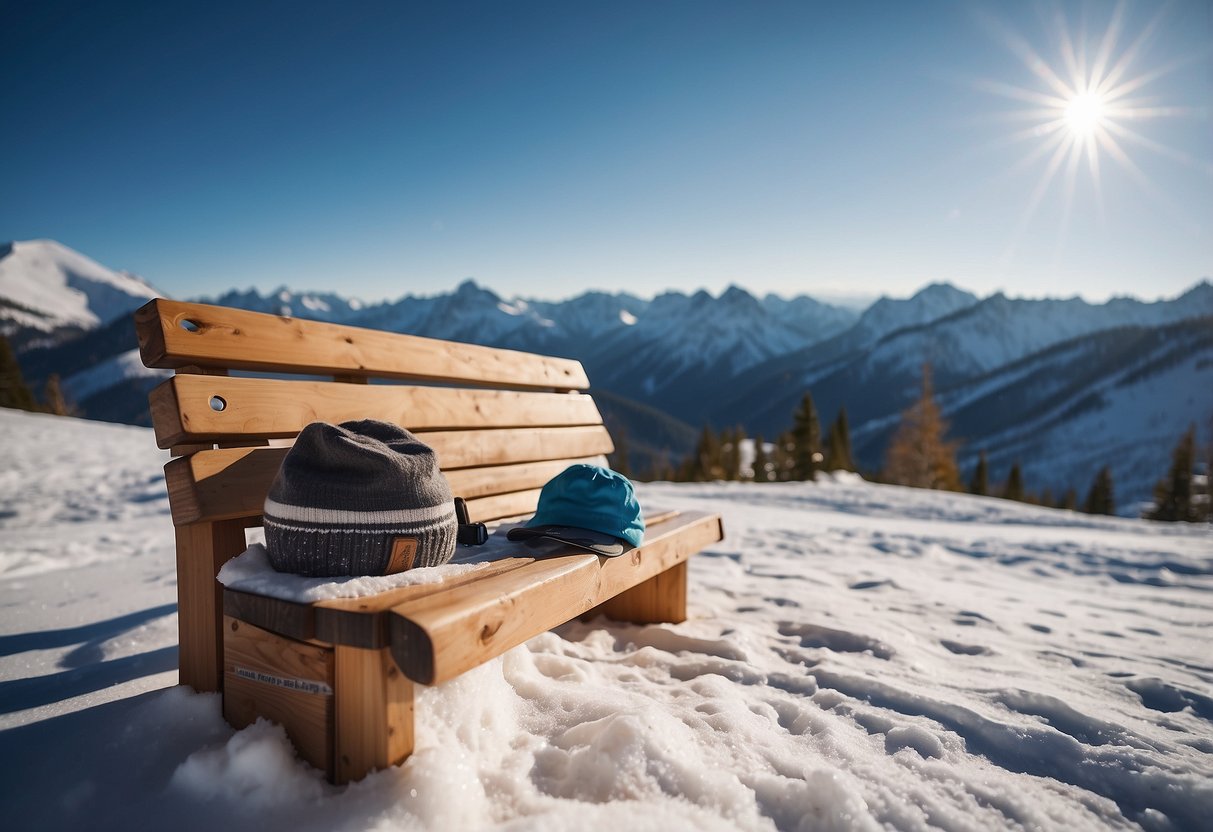 A snowy mountain landscape with a woman's ski hat resting on a wooden bench, surrounded by cross country skiing gear