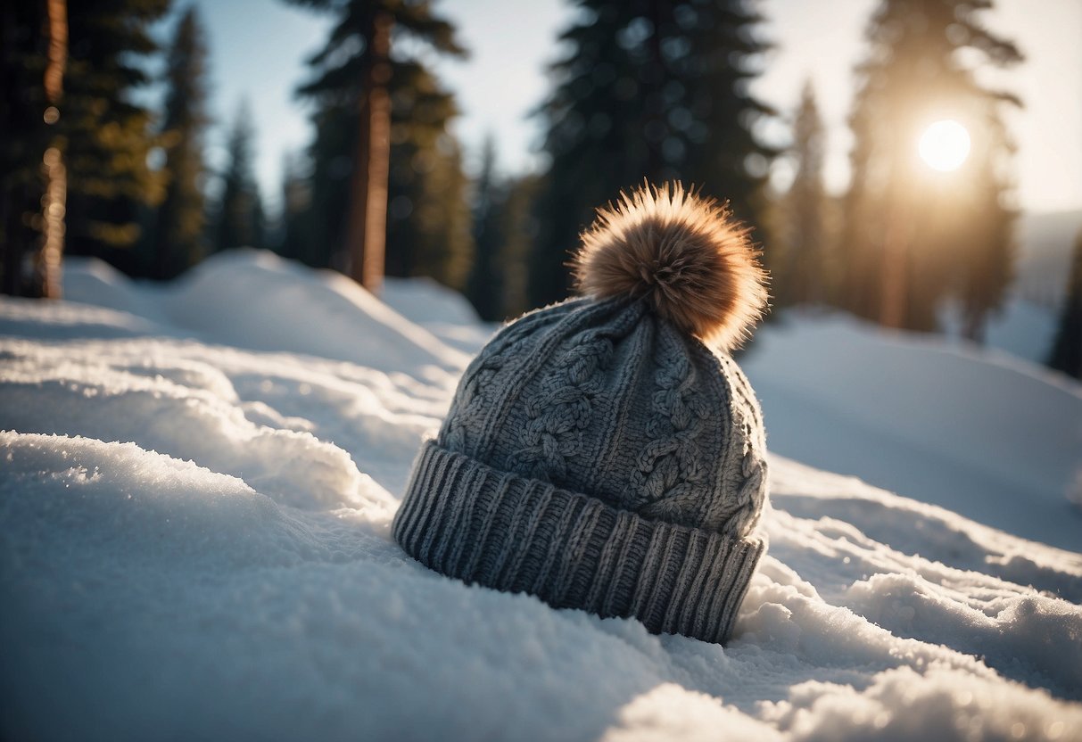 A woman's ski hat lies on a snowy trail, surrounded by pine trees and mountains, with the sun shining in the background