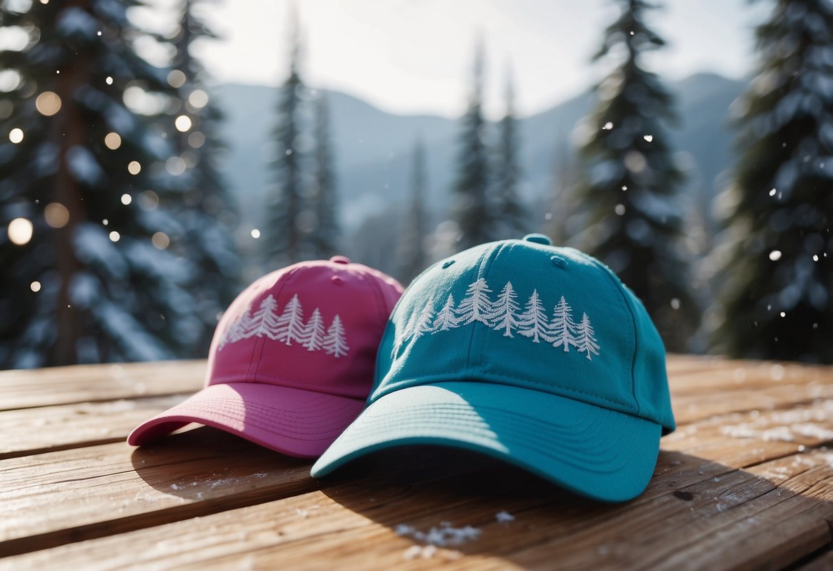 Bright, snowy landscape with pine trees. Women's lightweight cross country skiing hats displayed on a wooden table with snowflakes falling in the background