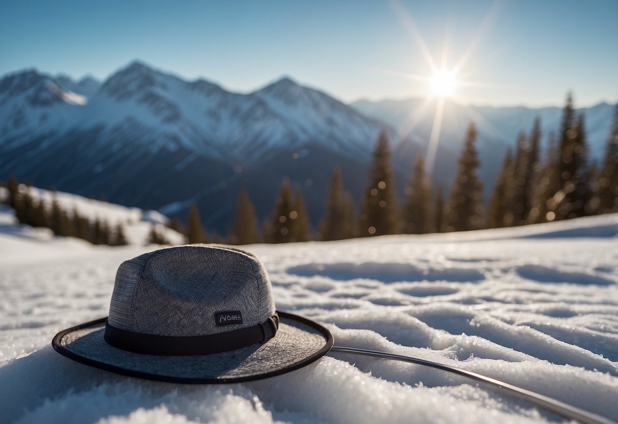 A woman's lightweight cross country skiing hat laid out with care and surrounded by snowy mountain scenery