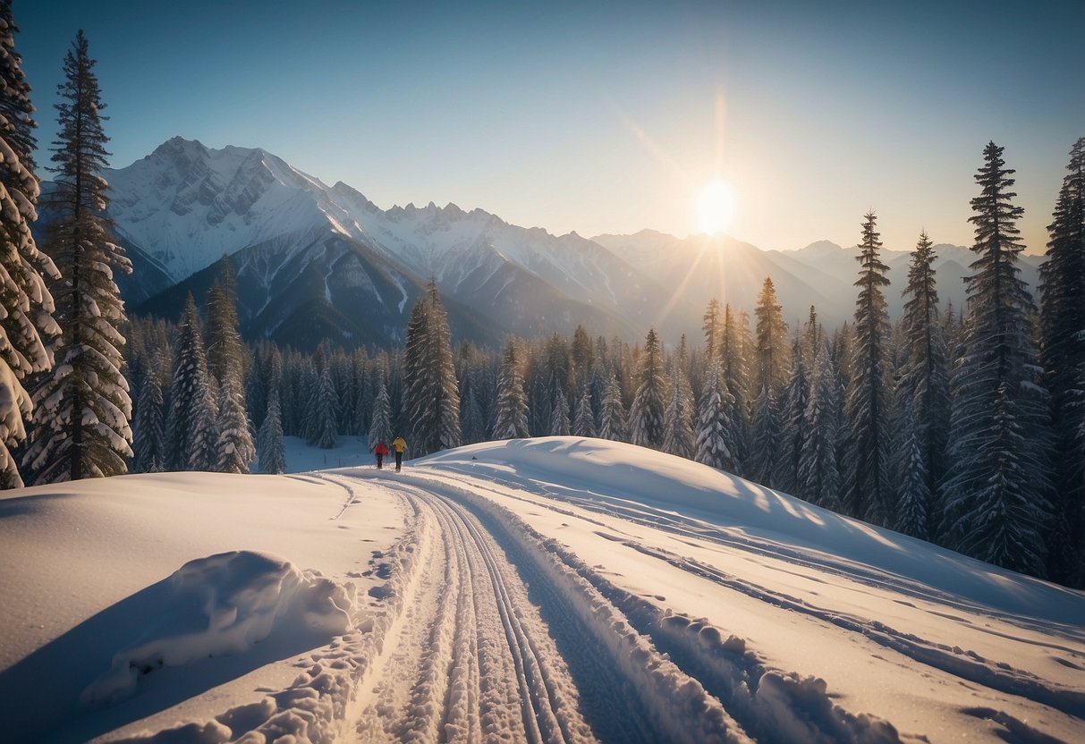 Snow-covered mountains and winding trails create a picturesque backdrop for cross country skiing in Asia. Pine trees line the paths, with the occasional glimpse of wildlife