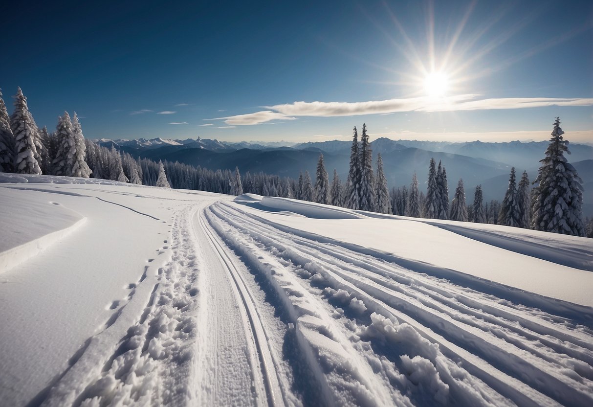 A panoramic view of snow-covered mountains with winding cross country skiing trails leading into the distance at Gulmarg Ski Resort, India