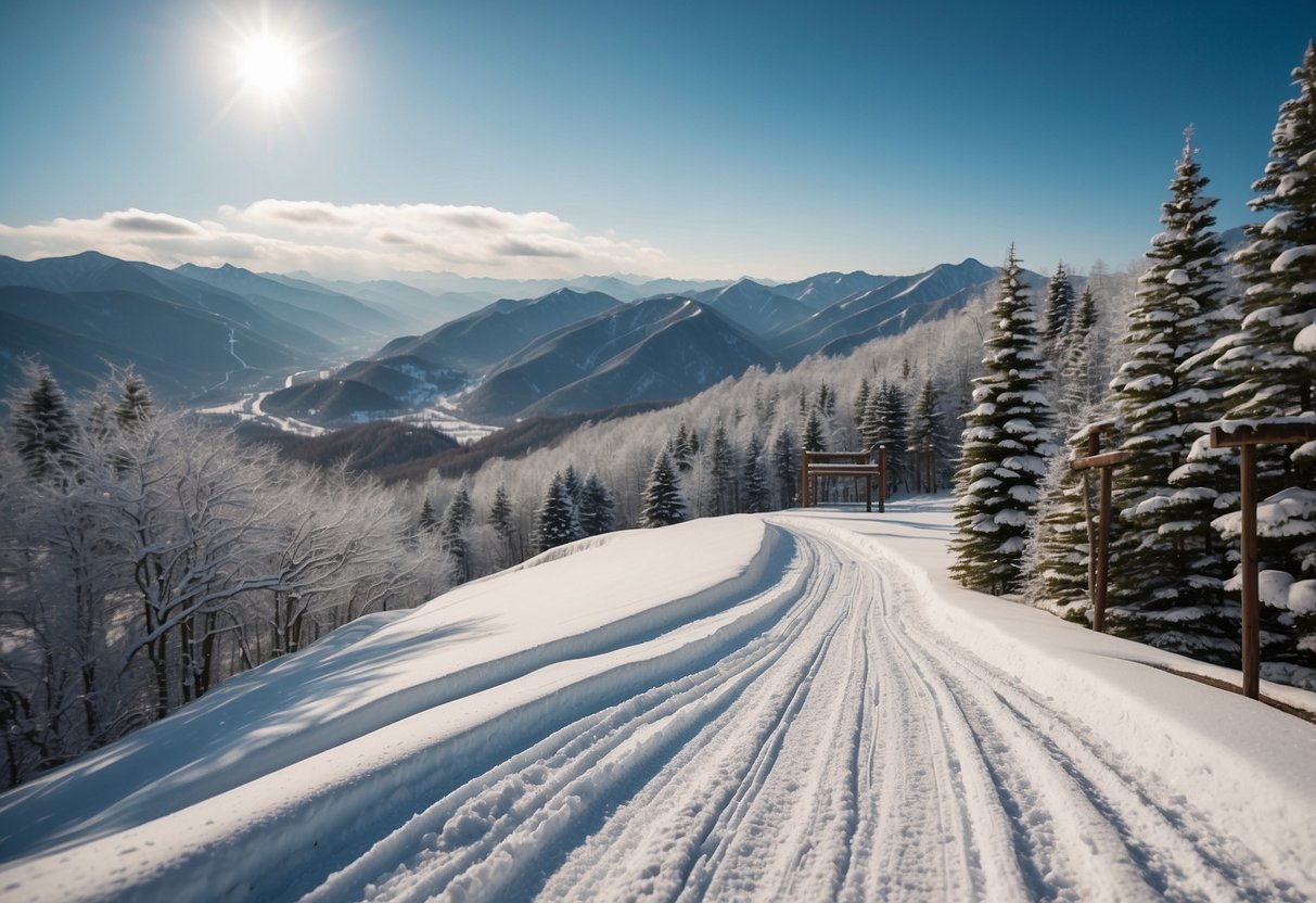 Snow-covered mountains surround Alpensia Resort. Ski trails wind through the pristine landscape, offering breathtaking views of South Korea's natural beauty