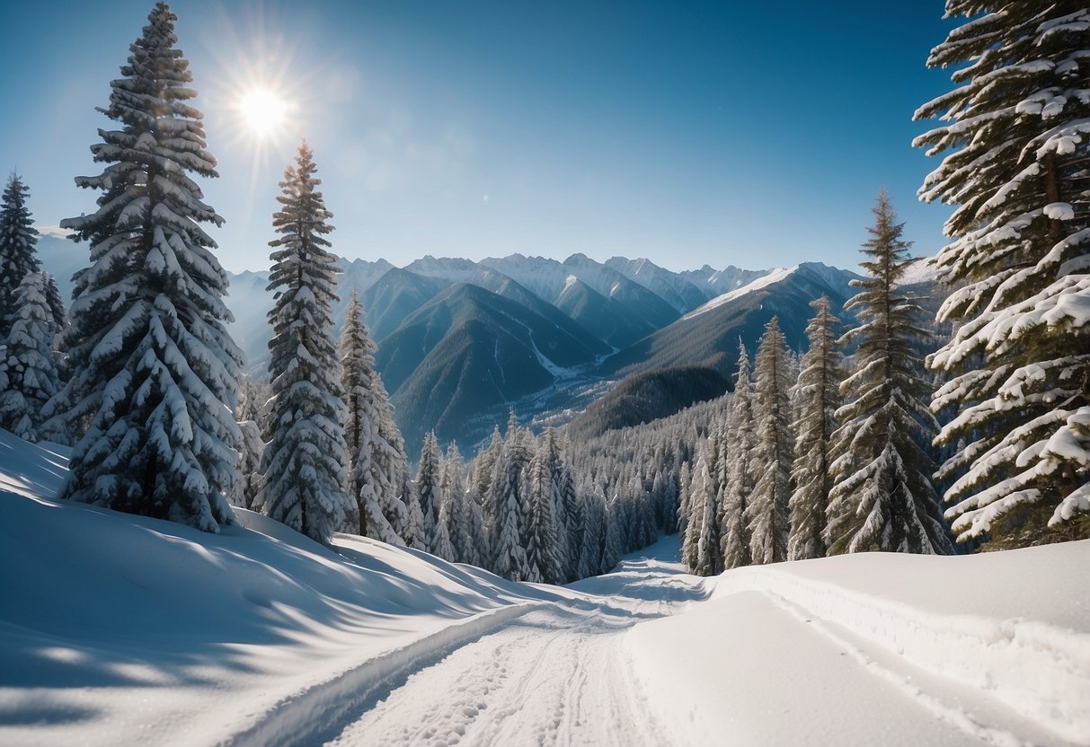 A snowy mountain landscape with winding cross country ski trails, surrounded by pine trees and a clear blue sky at Rosa Khutor Alpine Resort in Russia