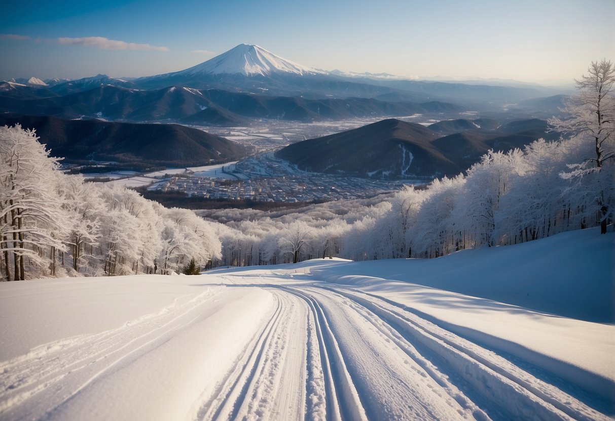 Snow-covered Niseko United, Japan. Scenic cross country skiing routes winding through picturesque landscapes, with majestic mountains in the background