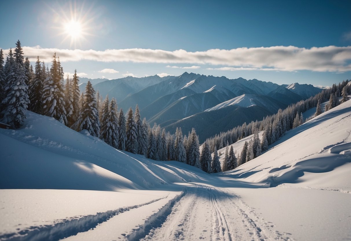 Snow-covered mountains surround Karakol Ski Base in Kyrgyzstan. Ten scenic cross country skiing routes wind through the picturesque landscape of Asia